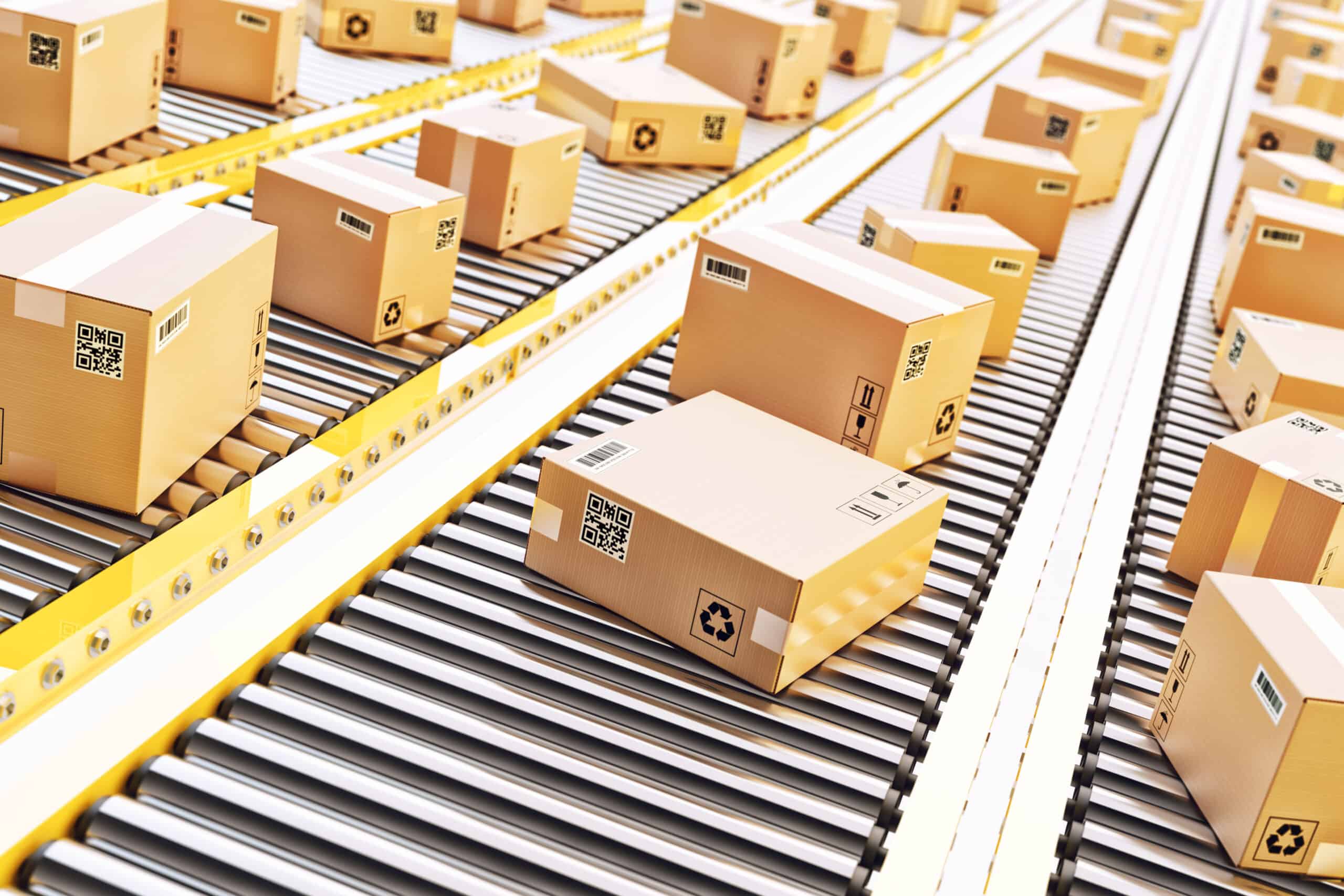 Packages delivery, packaging service and parcels transportation system concept Cardboard boxes on a conveyor line in distribution warehouse